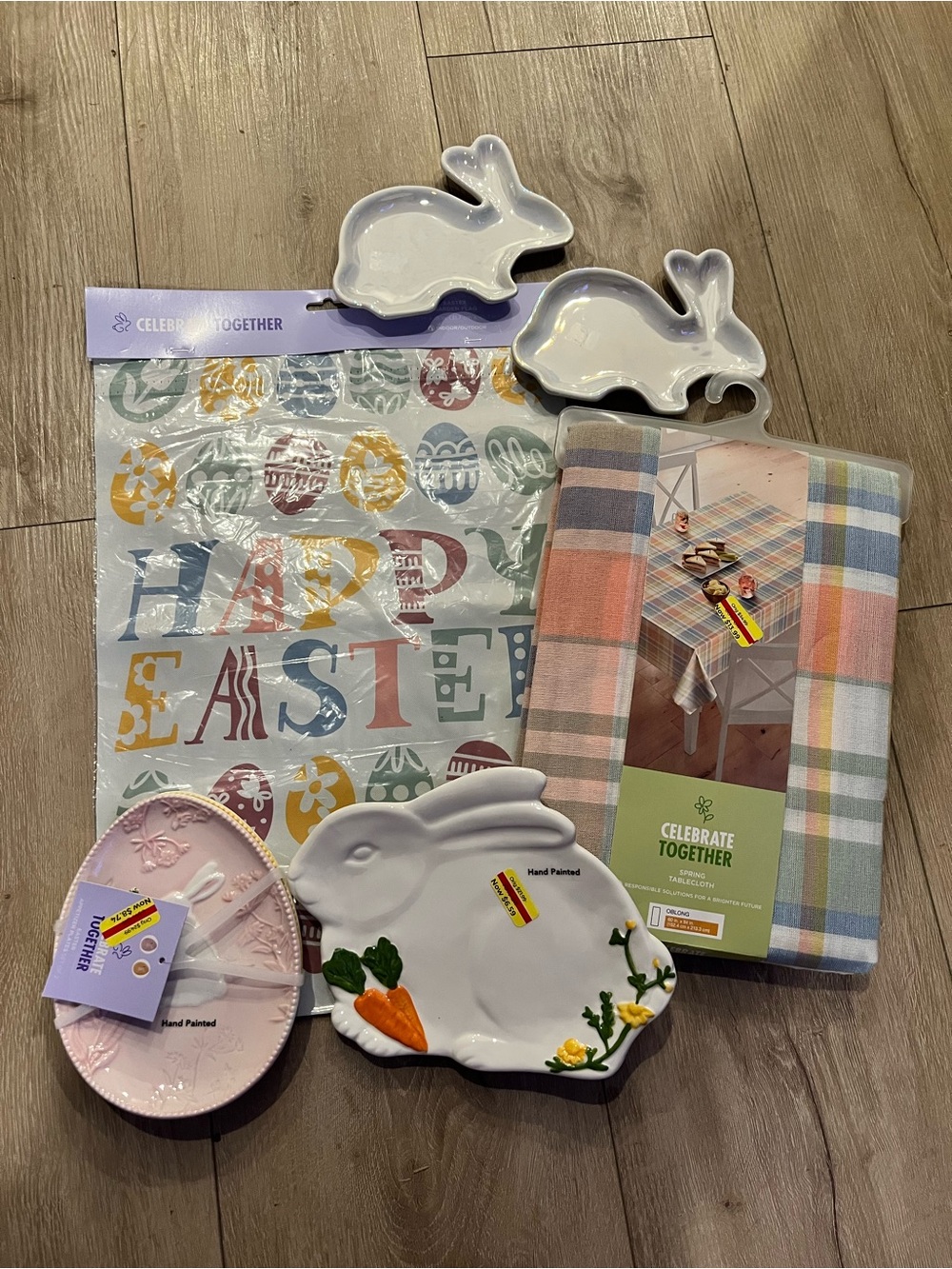 Pastel Easter Bunny Serving Plates and Tablecloth Set - White & Pastel